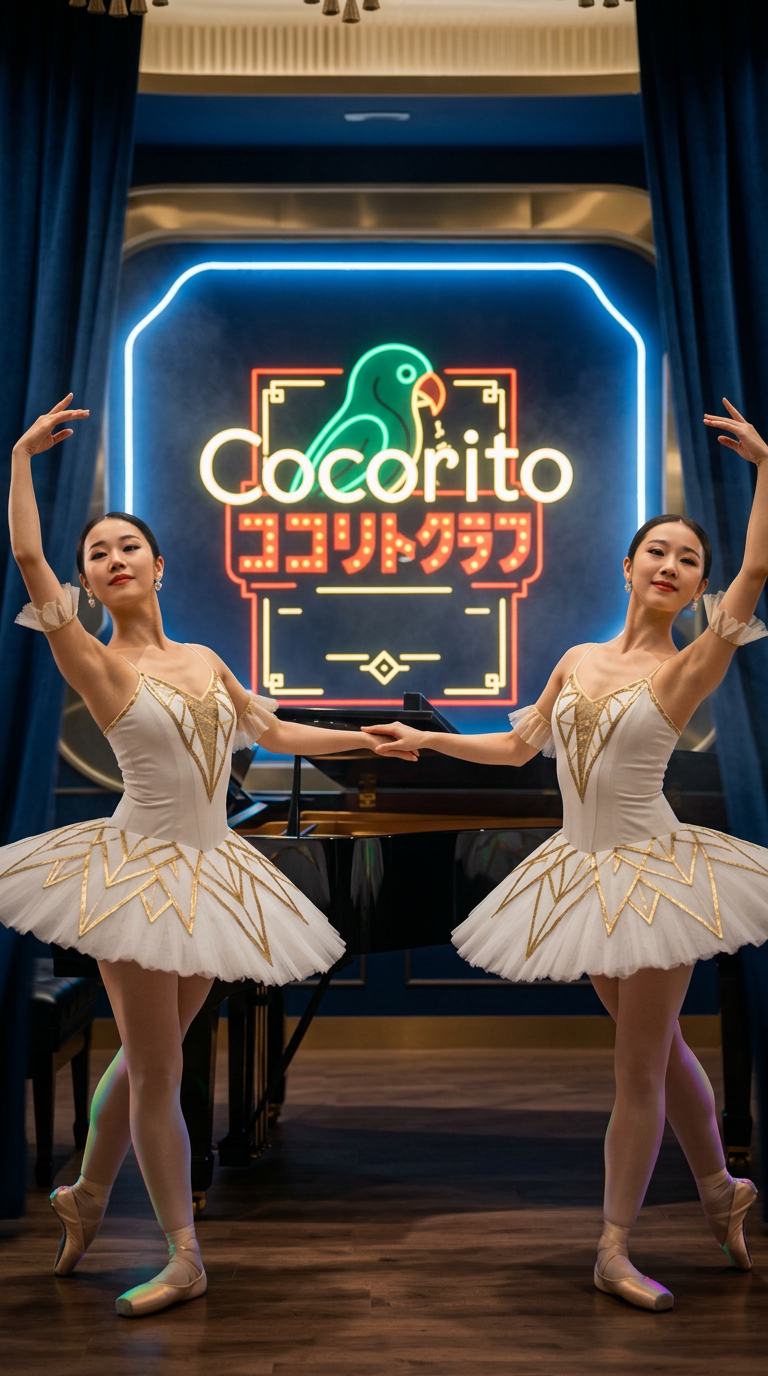 ココリトクラブのネオン看板の前で行われるショーとグランドピアノ